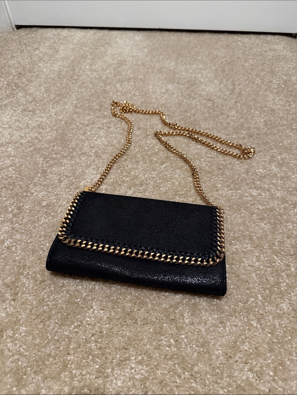 Stella McCartney Black Crossbody Wallet with Gold Chain